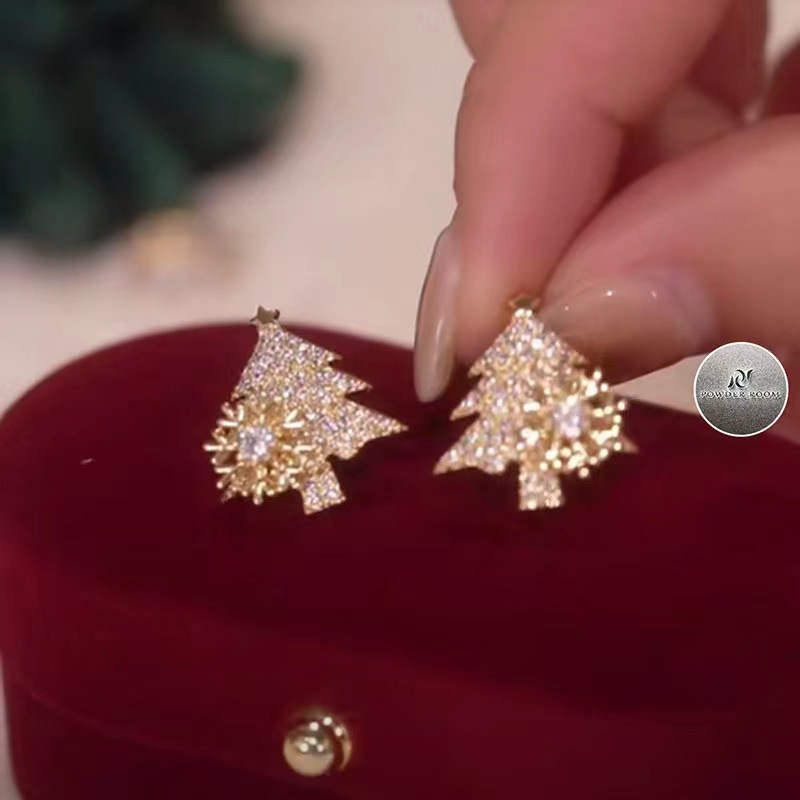 Tiktok same style rotating snowflake Christmas tree stud earrings female 925 silver needle personality simple temperament texture earrings female
