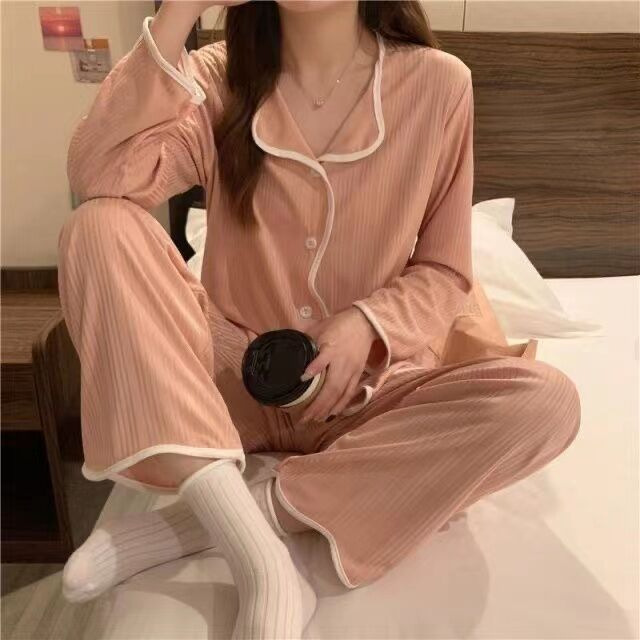 Picture of ins Cyber Celebrity Lace Long-sleeved Simple Black Spring and Autumn Long-sleeved Trousers Cardigan Pajamas Women's Sweet Loose Home Clothes
