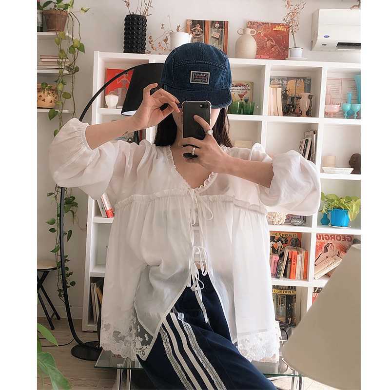 Chic Korean Style Thin Sun Protection Spliced ​​Lace Cardigan Lace-Up Shirt