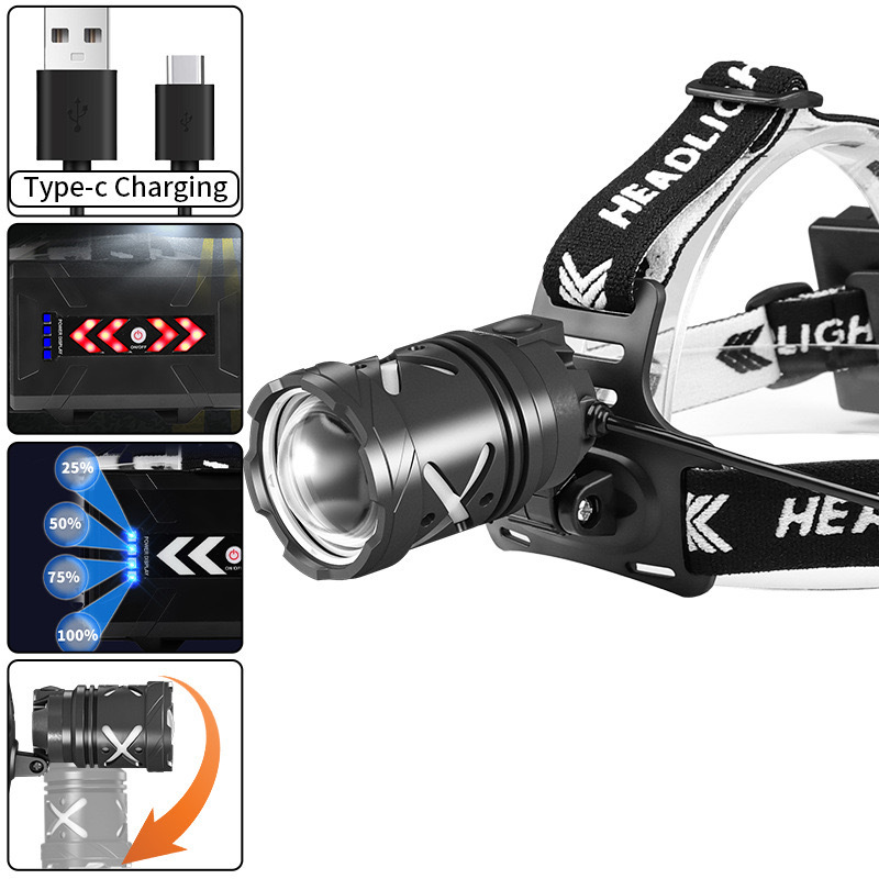 Cross-border white laser Tpye-c charging headlight telescopic zoom highlight P70 headlight outdoor fishing miner's lamp long-range