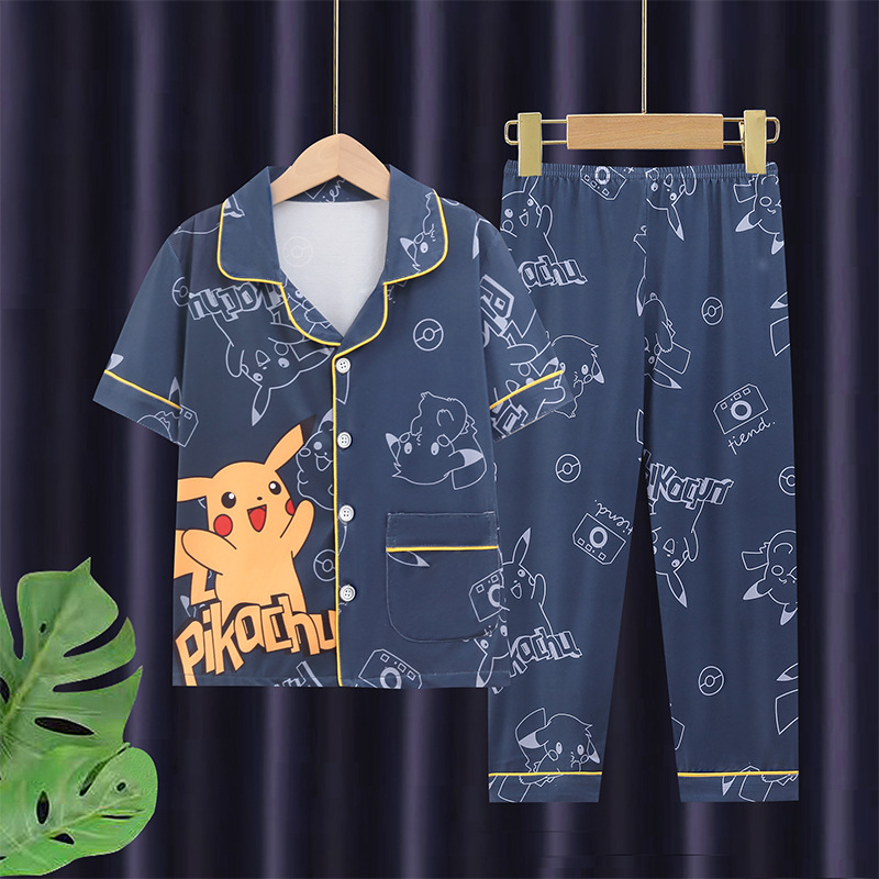 Picture of Children's pajamas men's medium and large children's short-sleeved trousers cardigan summer air conditioning clothes boys' cartoon homewear suit outer wear