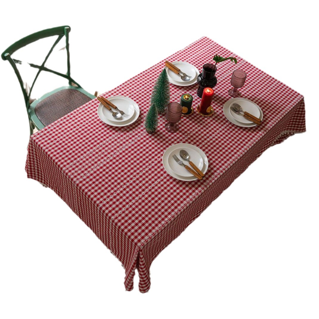Rectangular Dining Table Fabric Cross-border Decorative Tablecloth Cotton and Linen Artistic Festival Dust-proof Table Mat Red Plaid Ins Style