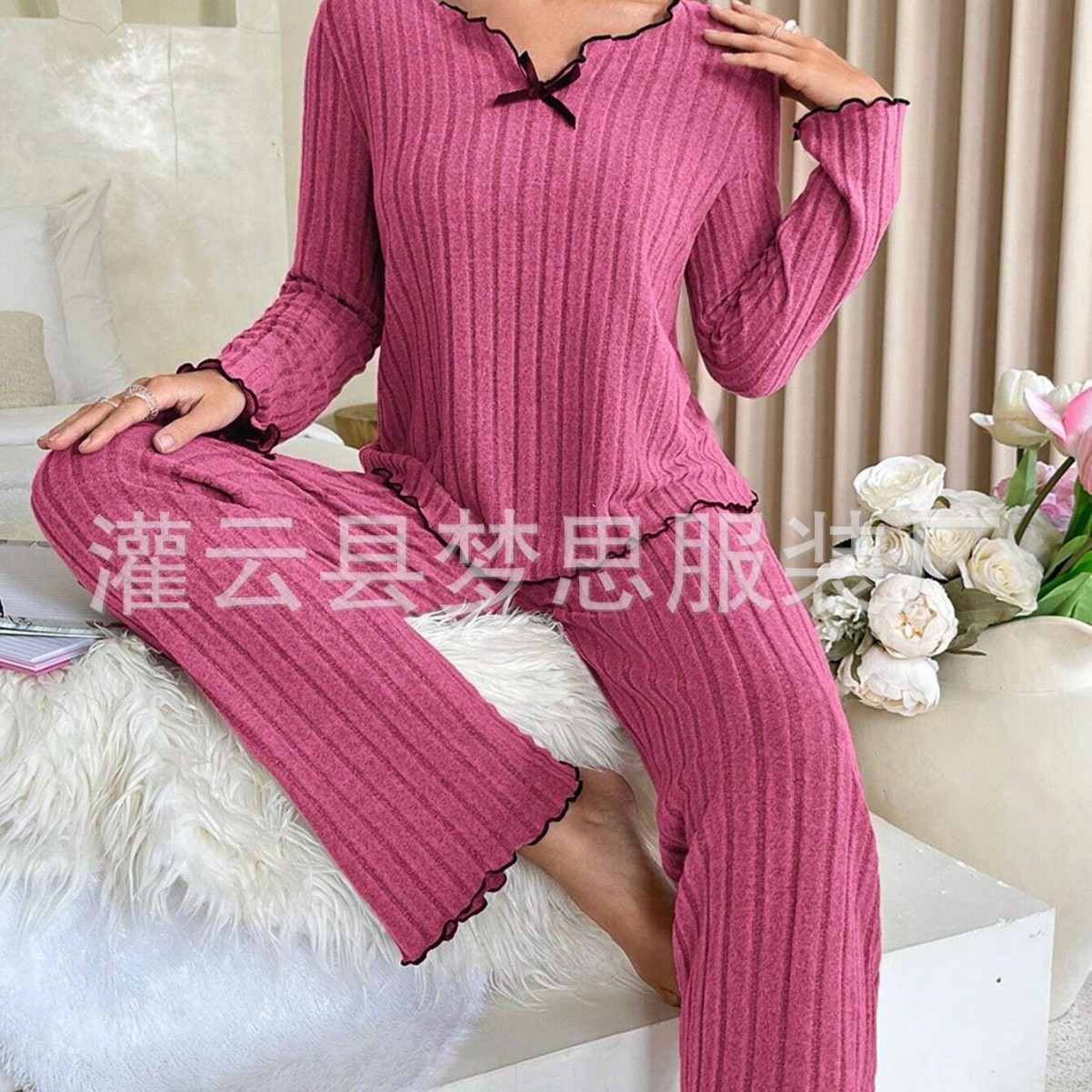 2024 new European and American cross-border Amazon explosions black edge twisted edge leisure home suit clothing pit Pajam