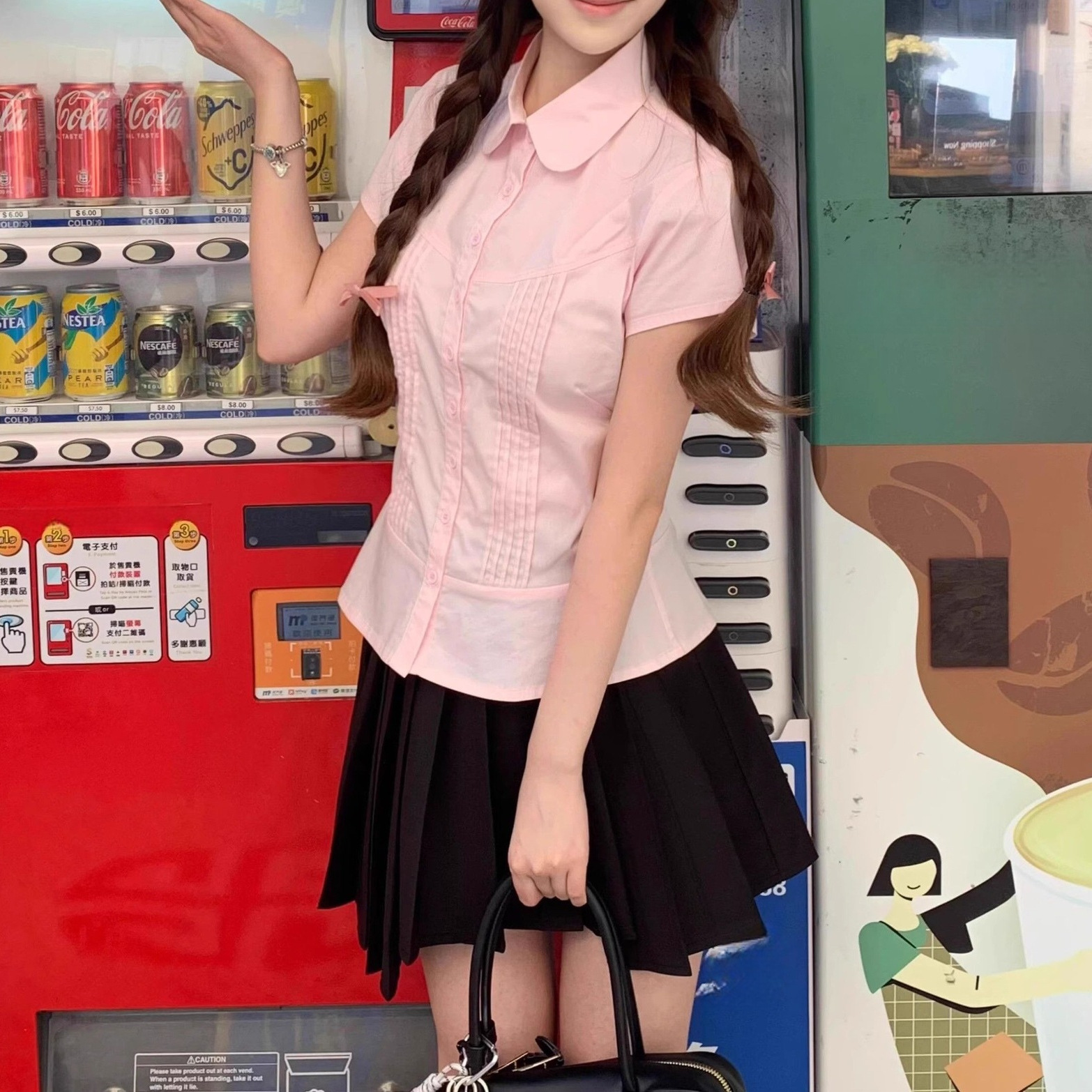 Picture of Pink Polo Collar Right Shoulder Short-Sleeved Shirt Women's Summer Slim Short Shirt Waist Half-Sleeved 2025 New Top