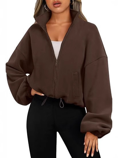 Picture of 2025 Amazon Cross-Border Short-Sleeved European and American Style Fashionable Casual Stand-Up Collar Long-Sleeved Zipper Drawstring Warm Cardigan