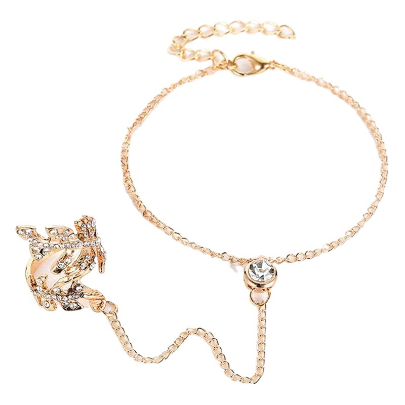 European and American creative finger bracelet fashion beautiful diamond hollow leaf ring conjoined personality bracelet women wholesale