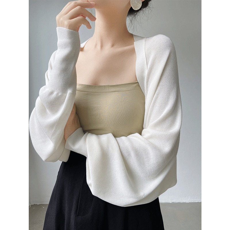 French small shoulder ice silk knitted sunscreen cardigan women's spring and autumn thin shawl summer cover top