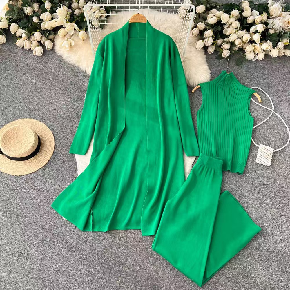 Picture of Cross-border Amazon Spring and Autumn New Lazy Elegant Knitted suit Sleeveless Vest Sweater Cardigan Pants Three-piece Set