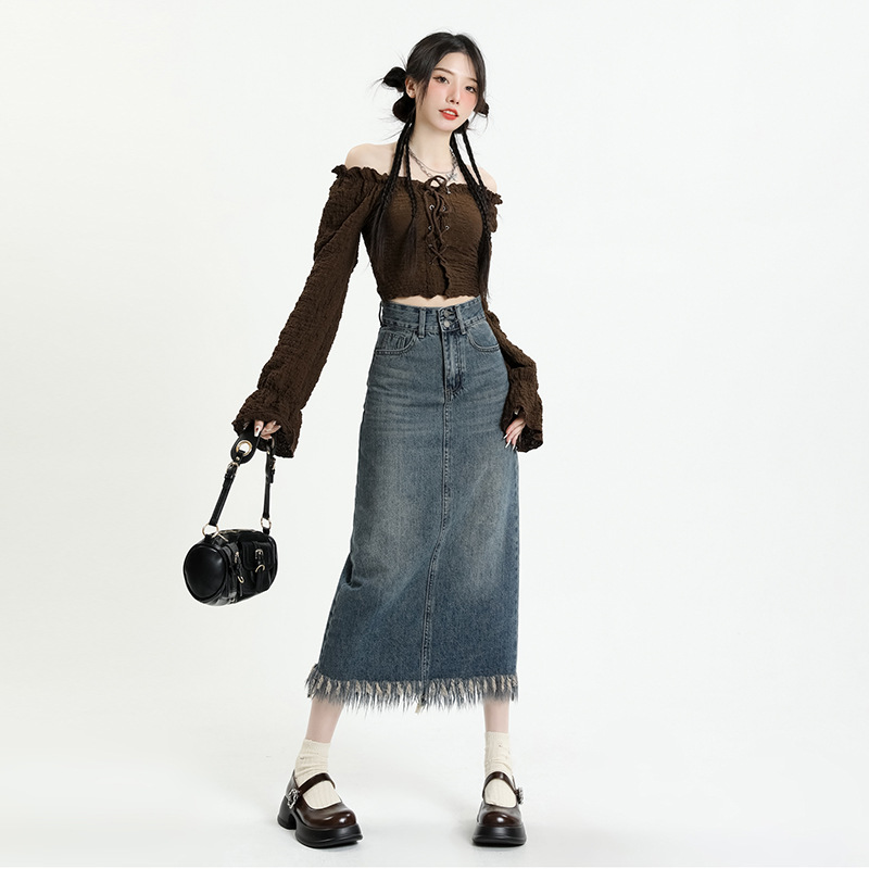 Spring and Autumn tassel mid-length denim skirt women's summer small high waist retro split frayed A- line skirt