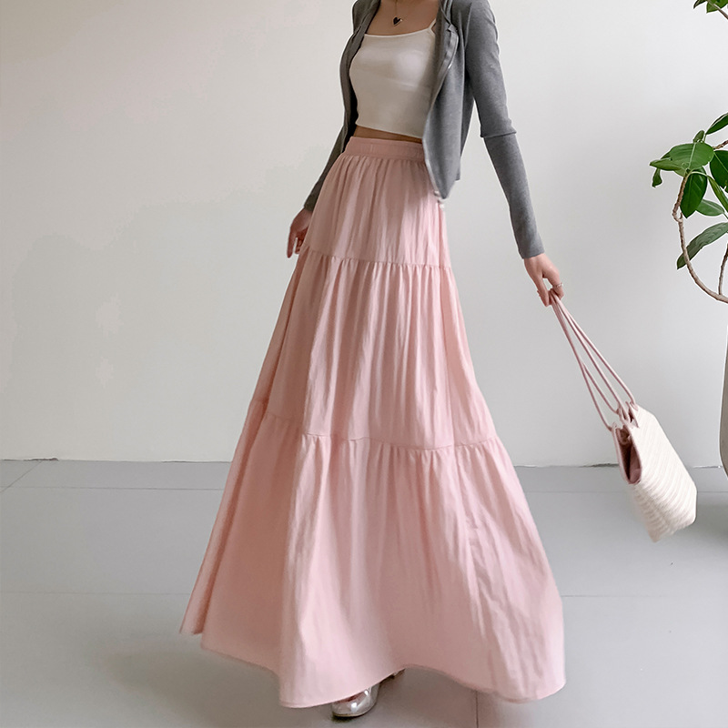 All-match elastic waist long cake skirt women's spring and summer new large swing A- line skirt high waist pleated long skirt