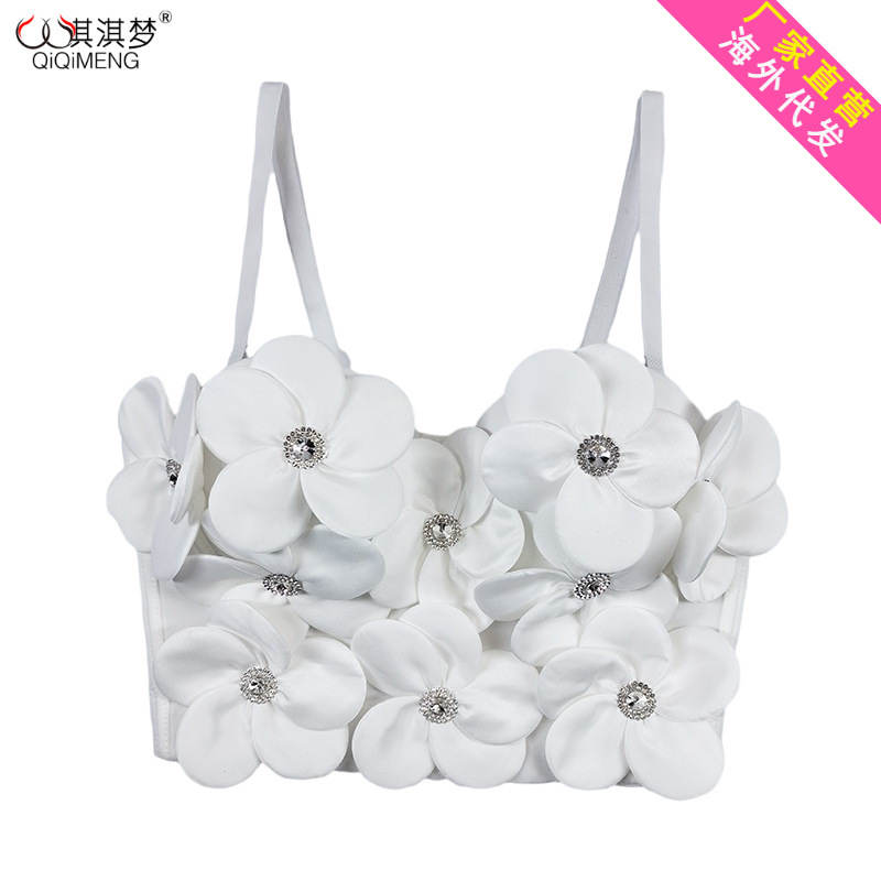 Korean version of all-match high-end sense of three-dimensional flower rhinestone breast integrated fixed cup fishbone bra custom sling wholesale