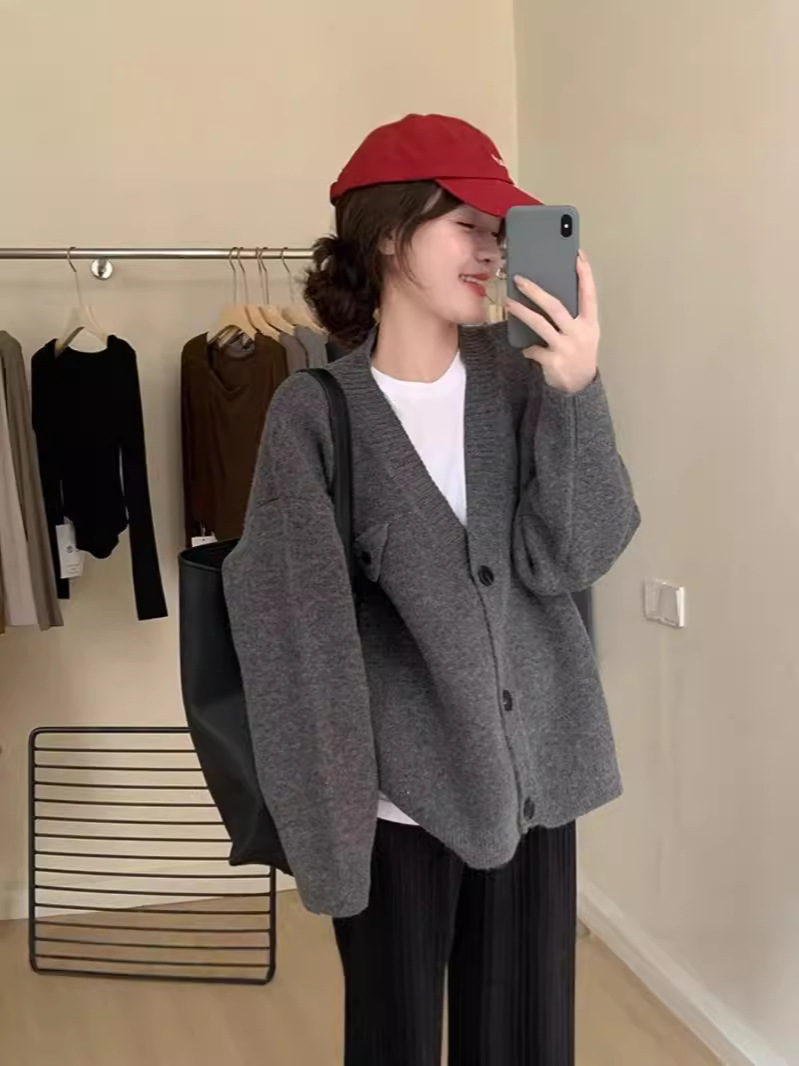 2024 Women's Cardigan Sweater Top Long-sleeved Knitted All-match Western Style Slimming Jacket Loose Single-breasted Sweater