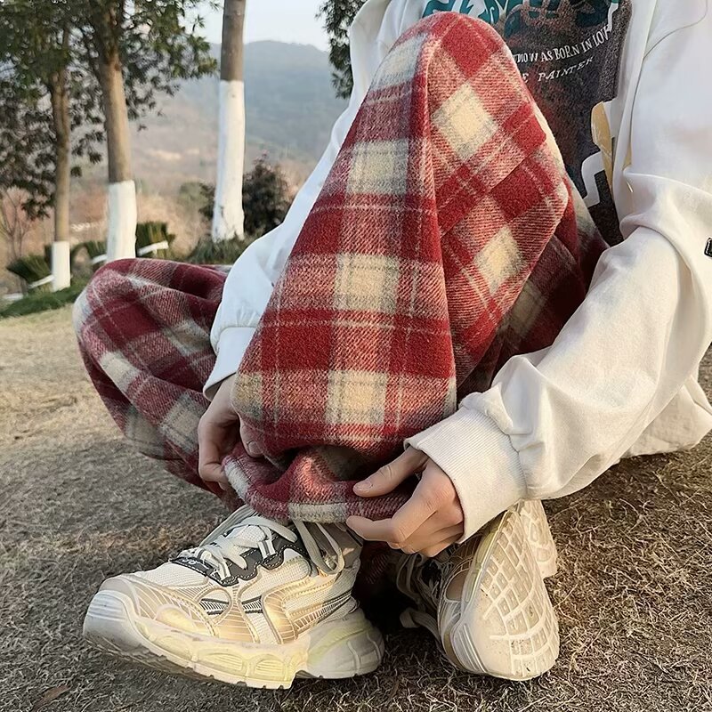 Cross-border Red Plaid Pants Autumn and Winter 2023 New High Waist Dummy Wide Leg Pants Casual Thickened Woolen Cotton Pants