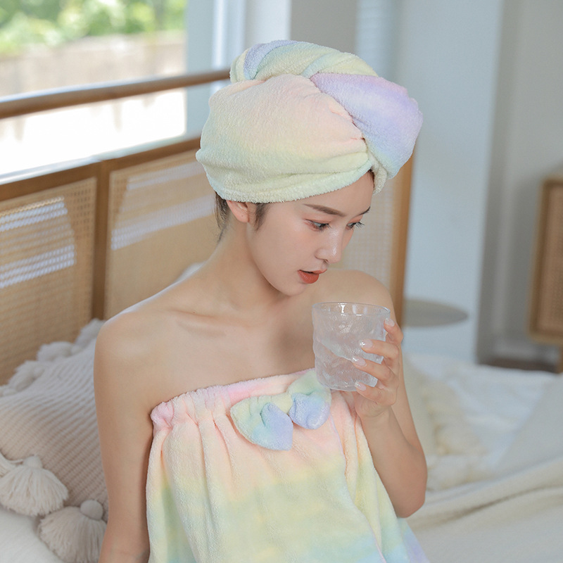 Z Bath Towel Rainbow Bath Skirt Wearable Women's Coral Fleece Bath Cap Bathrobe Set Household Adult Bath Towel