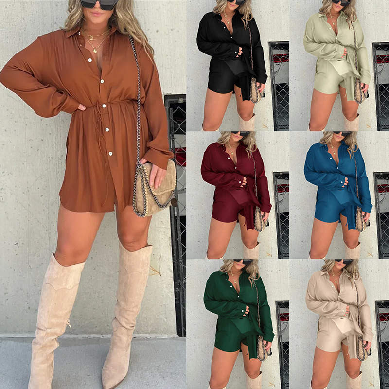 2023 Amazon cross-border foreign trade new women's solid color satin fashion casual lace-up shirt one-piece shorts