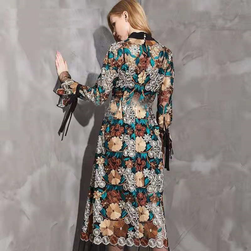 Picture of Lapel Beaded Three-point Sleeve Heavy Industry Mesh Embroidery A- word Loose Plus Size Retro Dress One-step Skirt