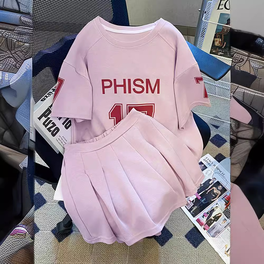 Girls' College Style suit 2024 Summer Western Style Children's Short-Sleeved Women's Large Children's Pleated Skirt Summer Casual Two-Piece Set