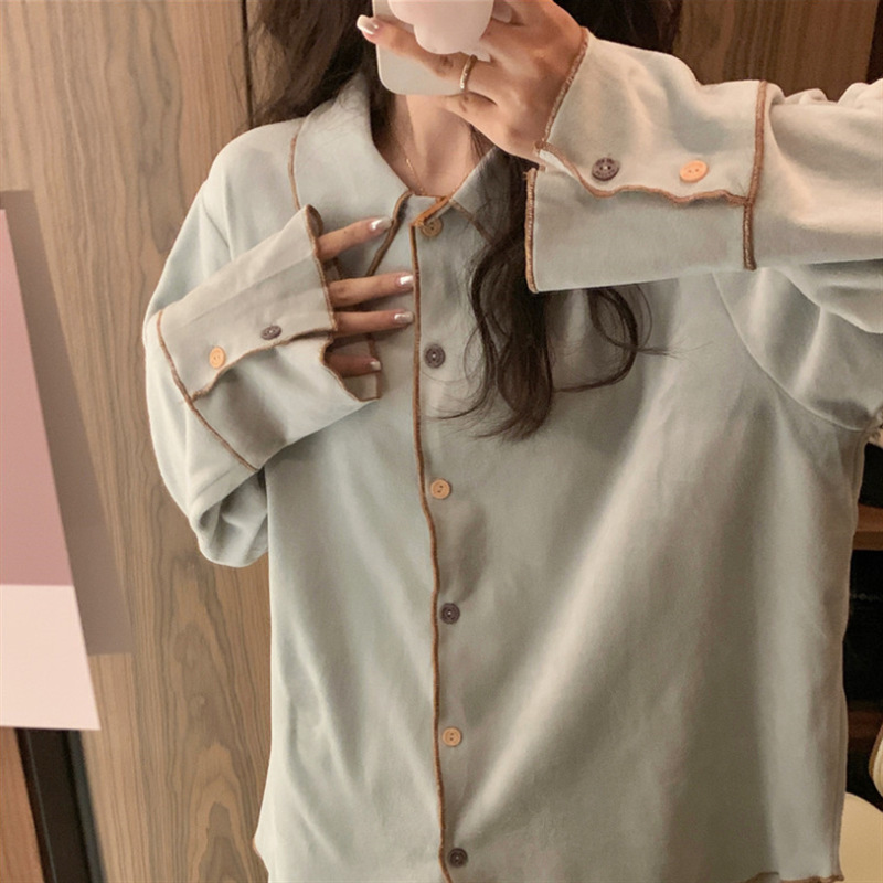 Korean ins Women's Internet Celebrity Foreign Trade New Coral Fleece Autumn and Winter Solid Color Lapel Contrast Color Home Clothes Pajamas Set