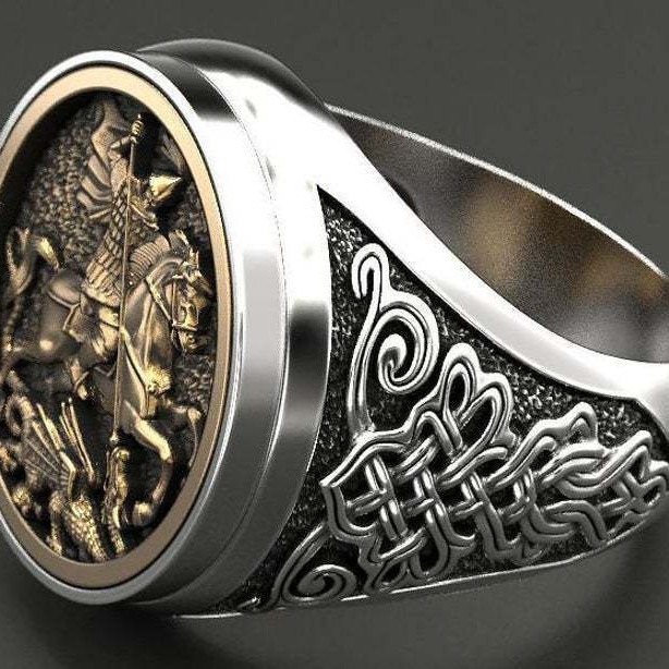 Picture of Huajie Unique Sovereign Men's Ring Saint George Portrait Plated 925 Two-Tone Roman Soldier Dragon Ring