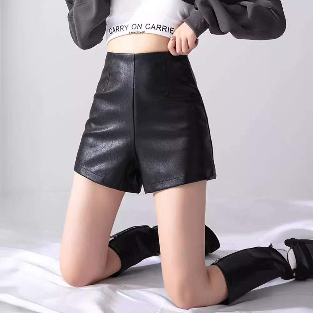 Hot Girls Fashion PU Leather Pants Shorts Women's Outer Wear Autumn and Winter New Black High Waist A- Shaped Base Boots Pants