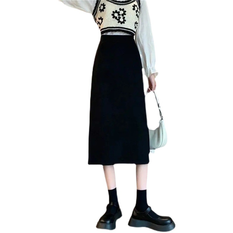 New High-Waisted Hip-Covering Mid-Length A-Line Skirt Plus Size Fat m Campus Teacher Style Skirt Slimming Look Black Hip-Hugging Skirt