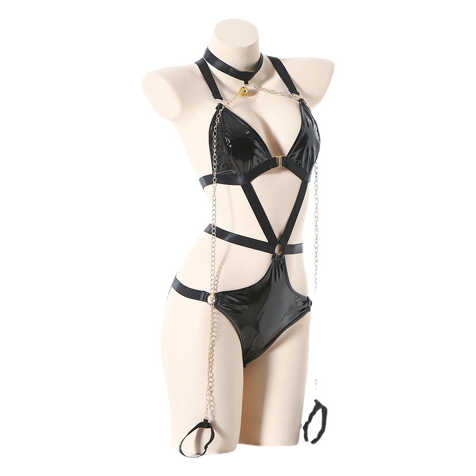 Sexy Underwear Women's No-take-off Tuning Equipment Sexy Bundle Queen Leather Overshirt Hollow Iron Chain Three-point Set