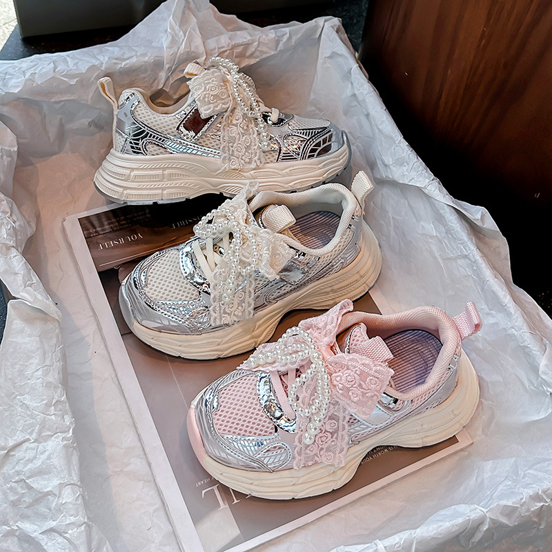 2025 Spring New Children's Shoes Korean Style Girls Pearl Lace Bow Sports Shoes Girls Fashion Dad Shoes