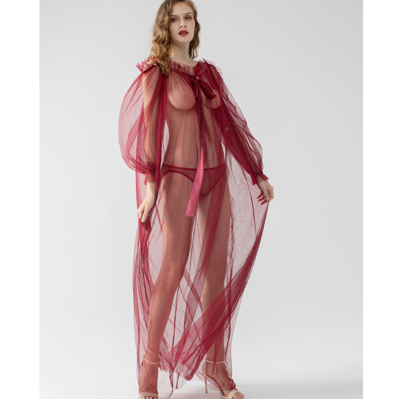 Picture of Cross-border Foreign Trade plus size Sexy Mesh Pajamas Women's Pure Desire Sexy Long Perspective Blouse Lace Nightgown Trendy