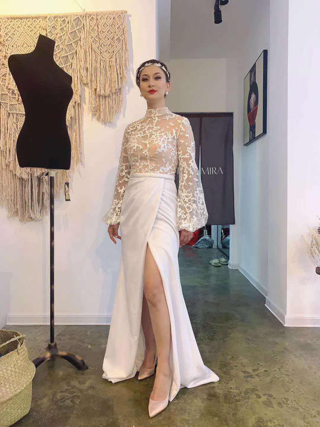 New Style Toasting Dress Women's White Long-Sleeved Fashionable Elegant Slim Mermaid Chiffon Evening Dress LA6303