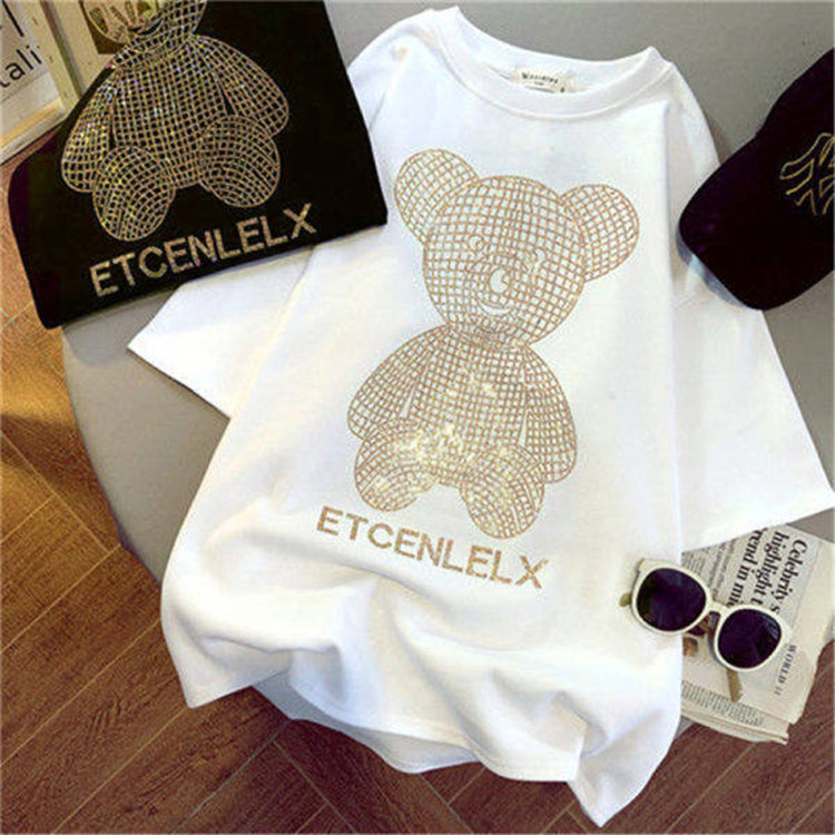 Heavy Industry Bear Hot Drilling T-shirt Women's 2024 New Design Sense plus size Short Sleeve Korean Loose All-match Ins Top