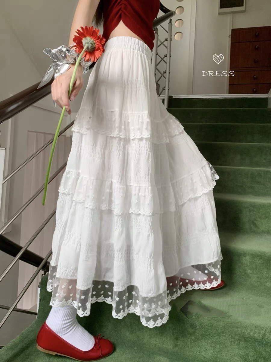 French Lace Spring and Summer Skirt Spring New High-Waisted Sweet Slim Long Skirt Design White Cake Skirt