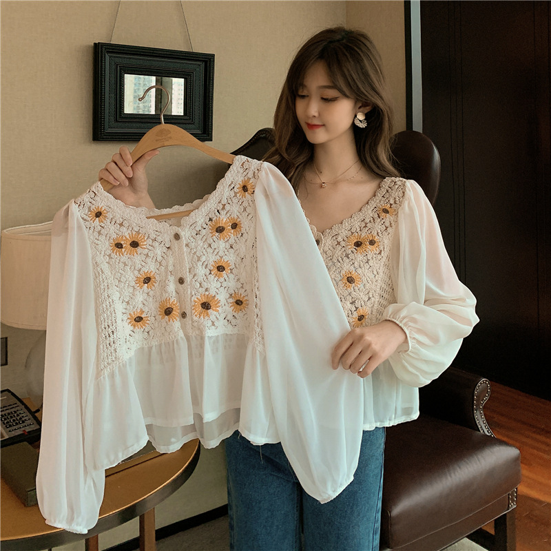 Korean Style Retro Loose Daisy Cut Out Crochet V-Neck Shirt Women's Patchwork Top White One-Size-Fits-All Apricot Chenille