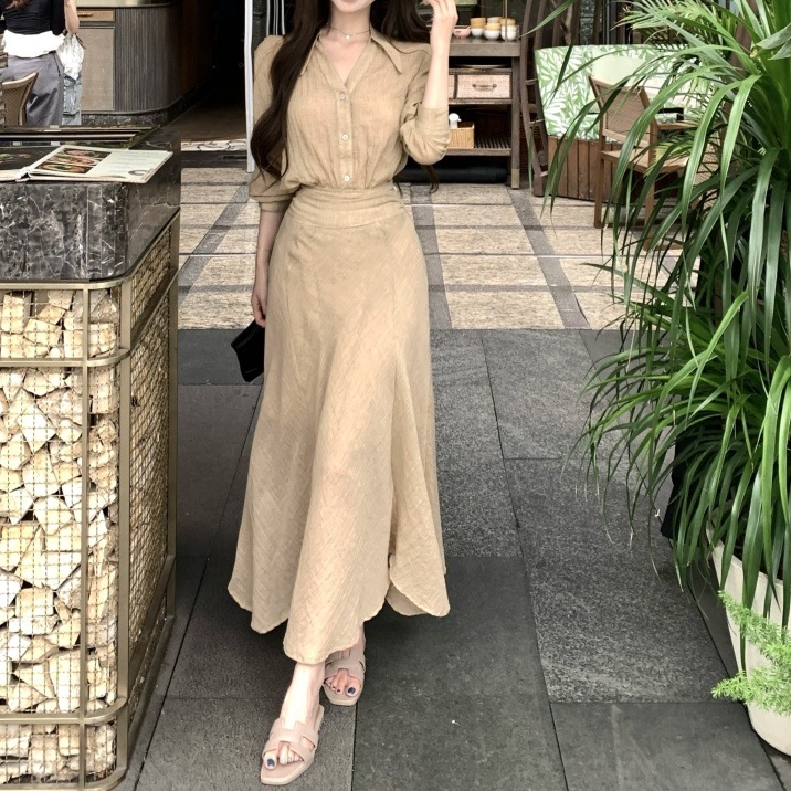 Khaki Retro Elegant V-Neck Long-Sleeved Shirt Women's Summer Casual Suit High-Waisted A-Line Skirt Two-Piece Set