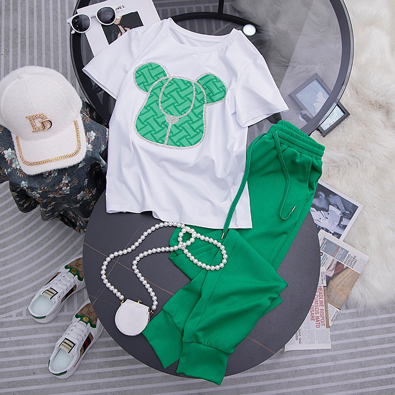 European fashion brand fried street sports suit women's summer loose fashion high sense bear short sleeve two-piece suit fashion
