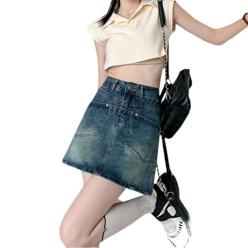 Thin Summer A- line Denim Skirt Women's High Waist Ins Style Design Split Pocket Niche Retro Hip Skirt for Women