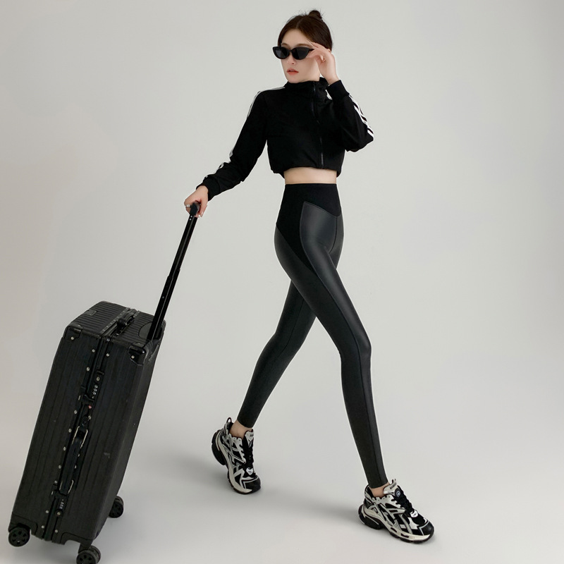 Picture of New Autumn and Winter Tight-Fitting Stretch Leather Pants for Women, Velvet Thin Small-Leg Pants, High-Waisted Slimming Outer Wear Bottoming Yoga Pants