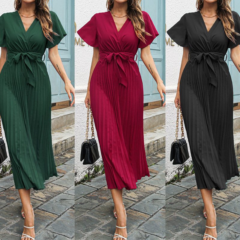 Amazon Independent Station Explosions Cross-border Women's Summer Casual Lotus Leaf Sleeve Strap Large Pleated Chiffon Long Dress