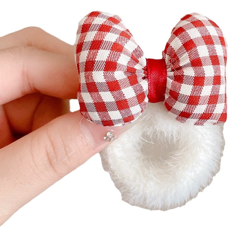 Girl's red plaid puff bow plush hair rope hair band cute ball head rubber band hair rope cross-border headdress