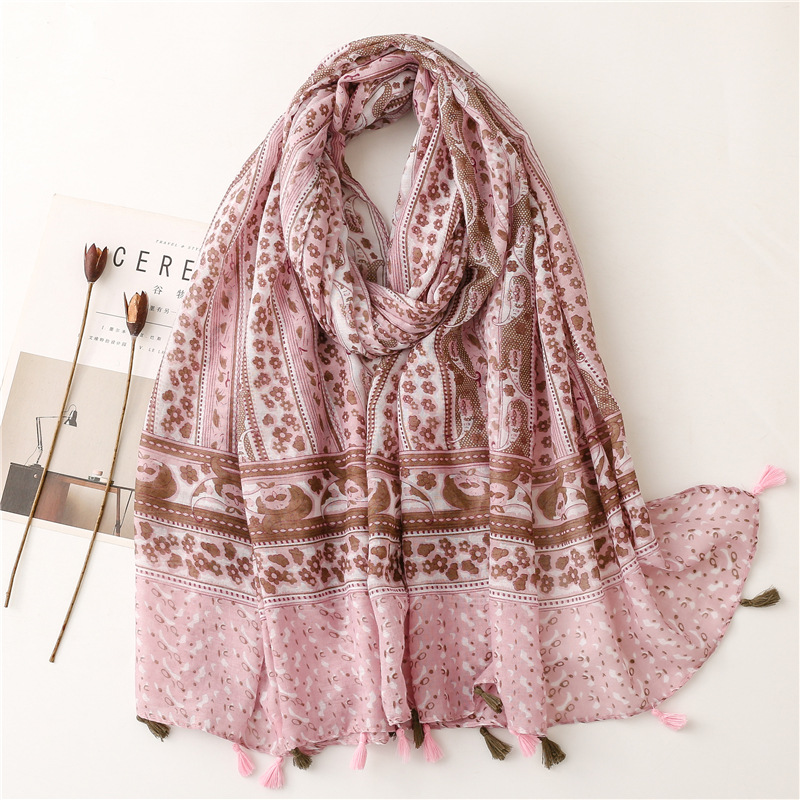 Vintage Ethnic Style Bali Yarn Cotton Linen Hand-Feel Scarf Women's Bohemian Tassel Thin Scarf Women's Sunscreen Shawl