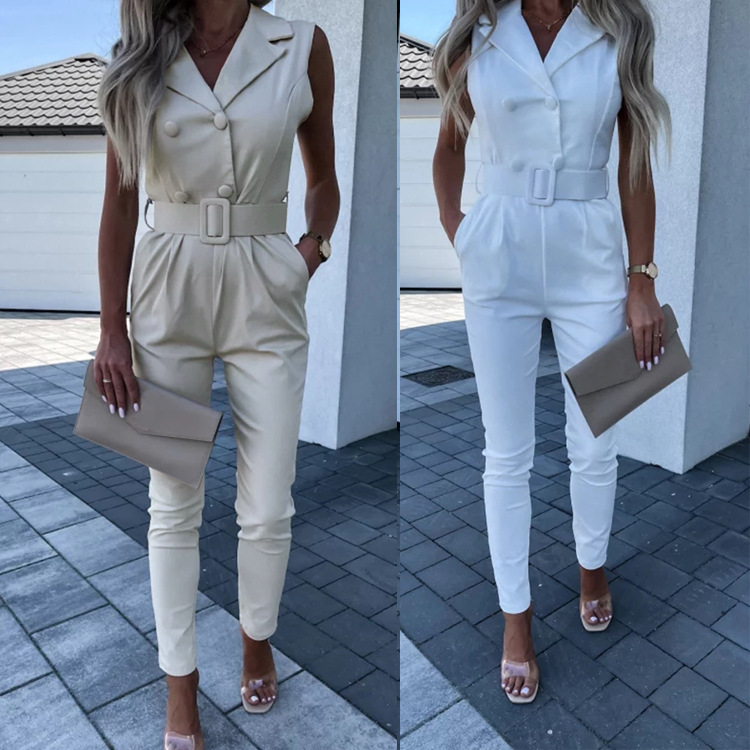 Independent station European and American women's clothing Amazon 2022 new sleeveless slim suit collar office professional jumpsuit pants