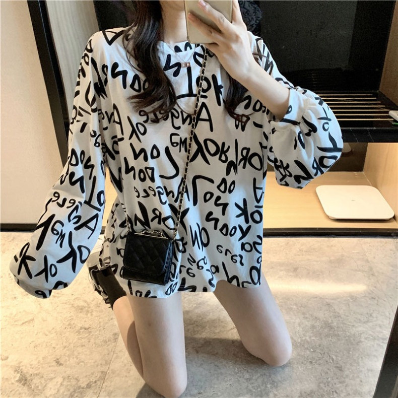 Letter Print Loose Hyuna Top Women's 2020 New Arrival Trendy ins Korean Style Spring and Autumn Lazy Style Student Base Shirt