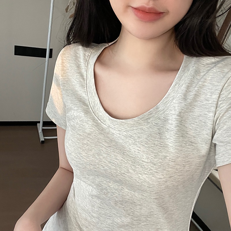 [TikTok Quality] Shoulder U-Neck Short-Sleeved T-Shirt Women's Summer 2025 New Pure Cotton Slim-Fit Low Crewneck Top