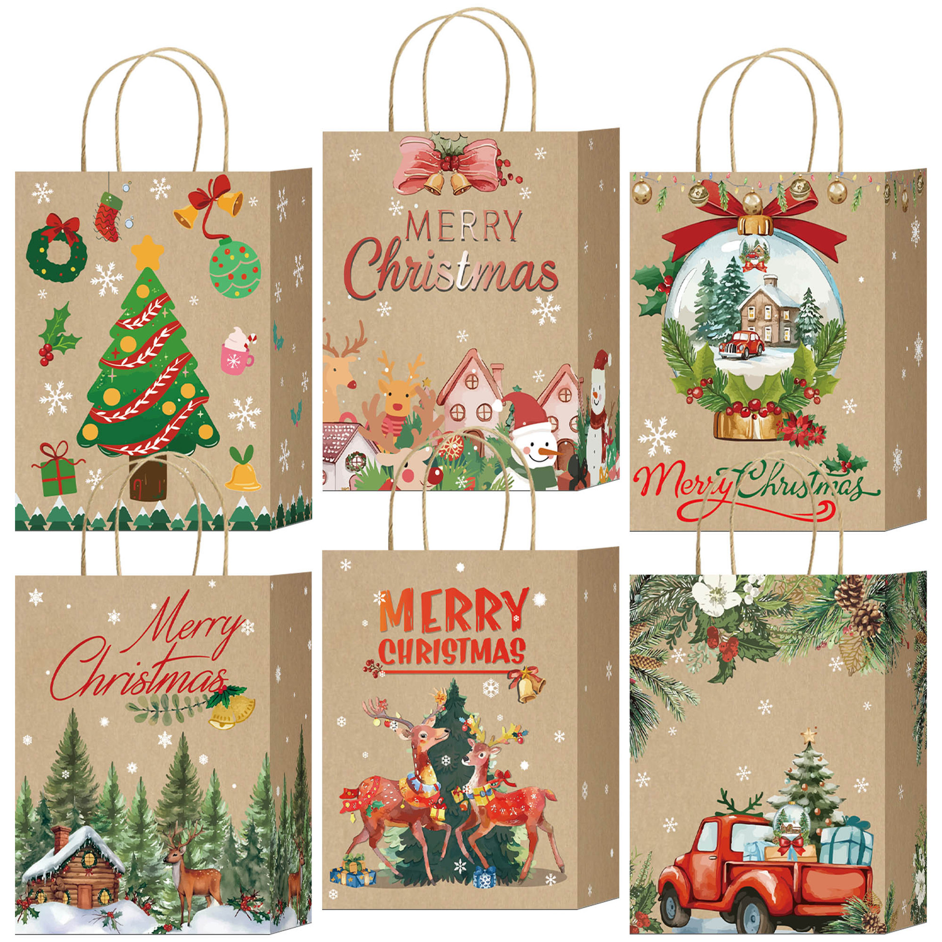 Christmas Theme Accompanying Gift Rhubarb Kraft Paper Bag Snowflake Snowman Christmas Tree Party Shopping Tote