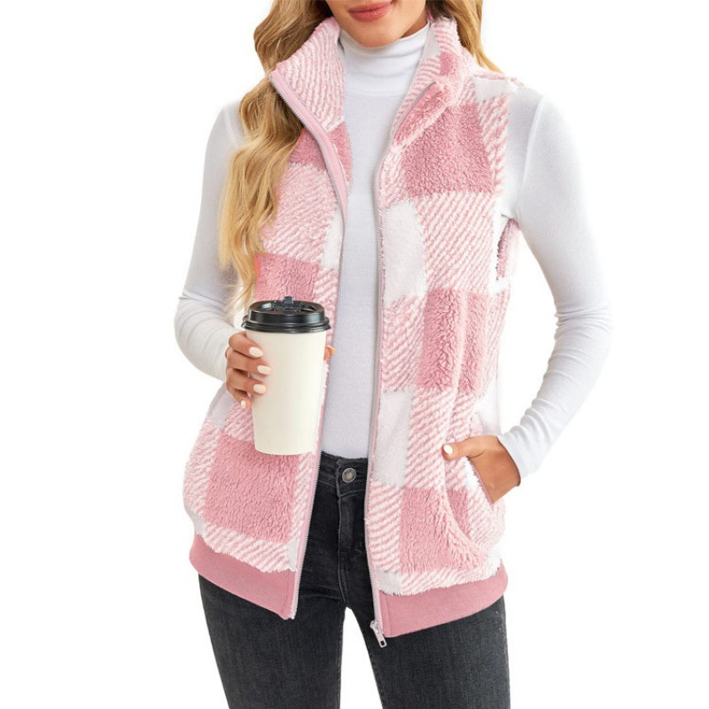 Picture of Spring and Autumn Coat Spring and Autumn Plaid Comfortable Velvet Cardigan Stand Collar Vest Coat Cross-border Women's Clothing