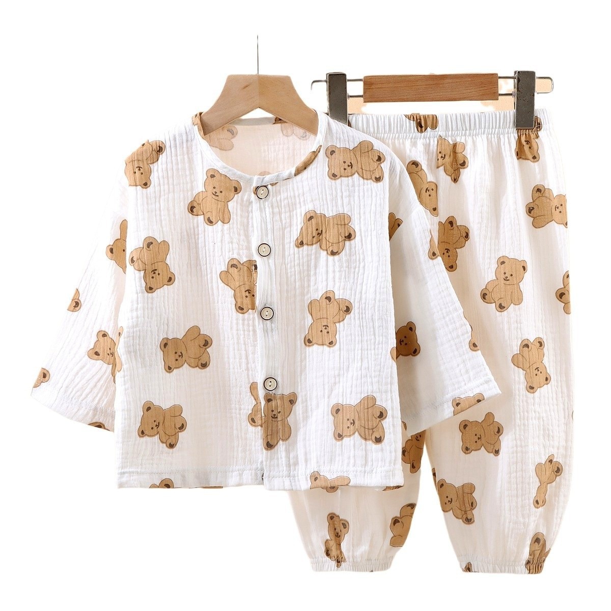 Picture of New Kidsren's Thin Double-Layer Pure Cotton Gauze Pajamas Summer Baby Home Clothes Boys and Girls Long-Sleeved Spring & Fall Suits