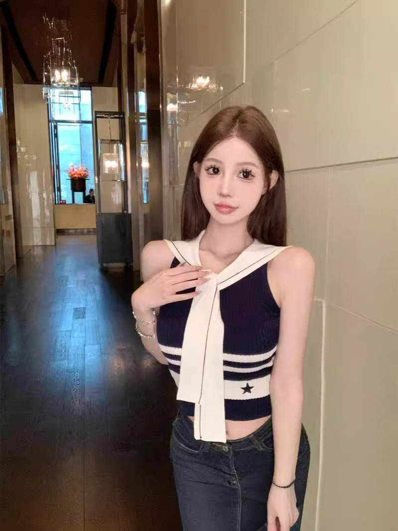 American-style Niche Island Holiday Blue and White Striped Navy Collar Ribbon Slim-fit High Waist Vest Knitted Sleeveless Top for Women