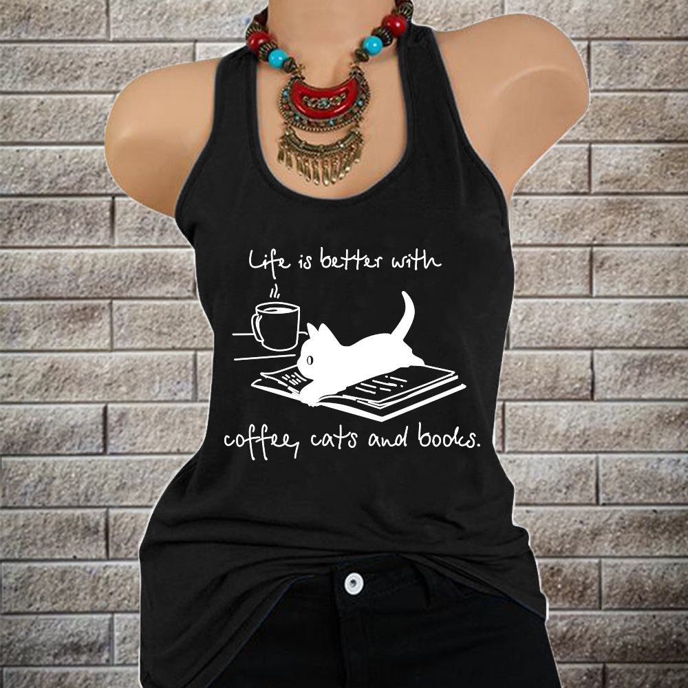 2021 Cross-Border St Patrick's Day New Arrival Ladies Kitten Book Climbing Teacup Printed Loose Sleeveless Turtleneck Vest