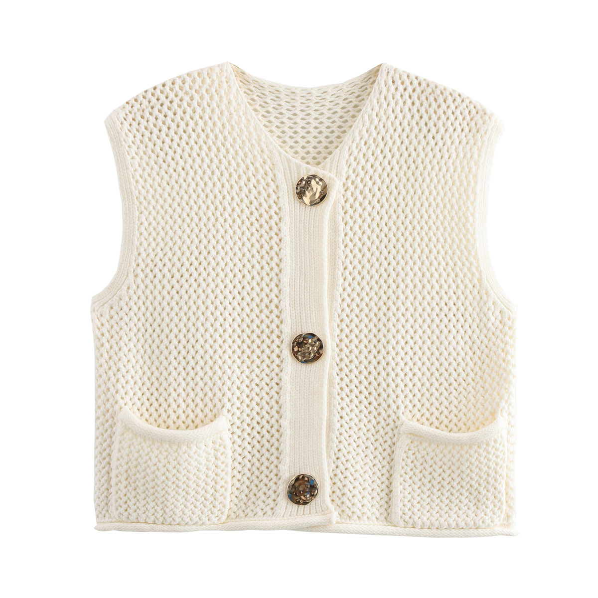 Picture of Women's Solid Color Fashion Hook Needle Hollow Single Breasted Vest 2024 Autumn and Winter New European and American Cross-border Wool Vest