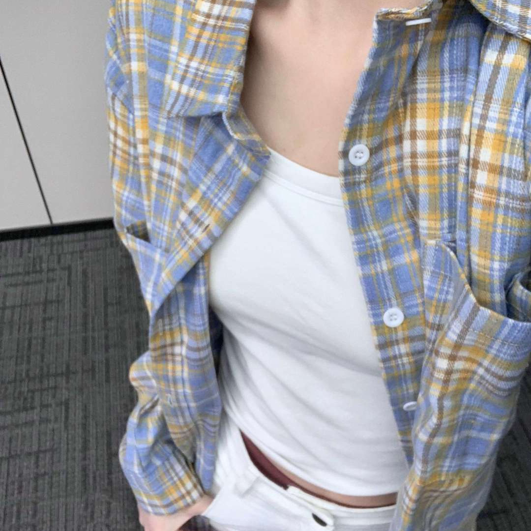 Cardigan Yellow Blue Retro Destruction Plaid Shirt for Men and Women 2025 Design Sense Rust Shirt Long Sleeve Coat Trendy