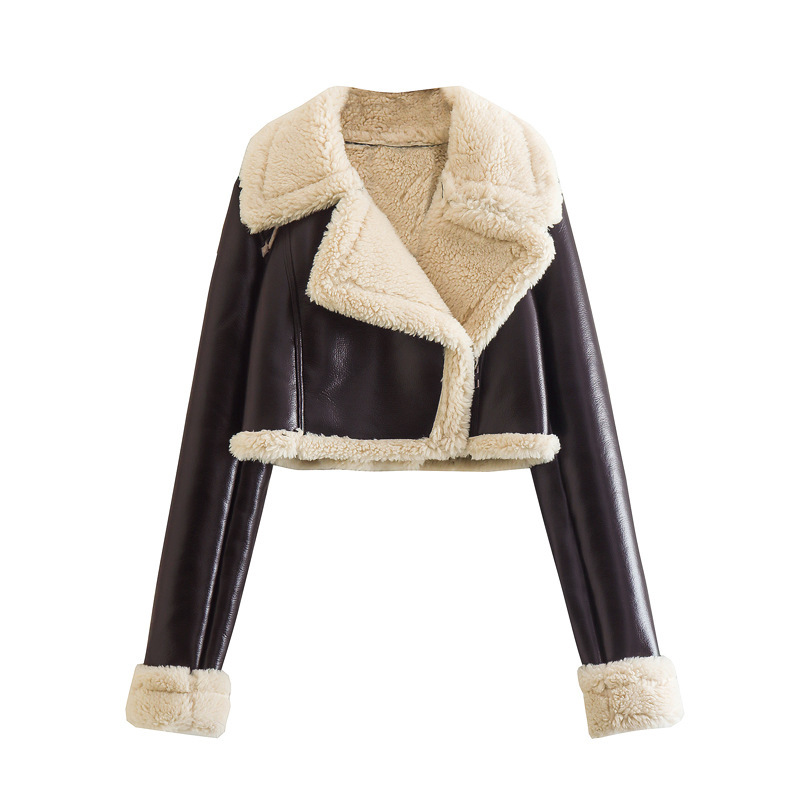 Picture of 2024 autumn and winter new European and American style double-sided loose short PU leather jacket zipper decoration fur one-piece leather jacket